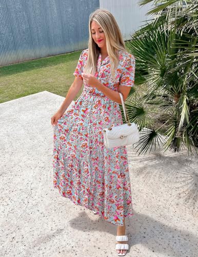 Image of ZESICA Women's 2026 Summer Spring Floral Boho Maxi Dresses Casual Short Sleeve V Neck A Line Flowy Beach Vacation Dress