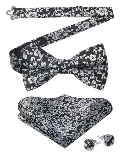 Image of HISDERN Bow Ties for Men Pre-Tied Bow Tie Floral Paisley Handkerchief Classic Formal Bowtie and Pocket Square Cufflinks Set
