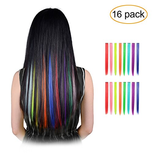 16PCS Colored Hairpieces 22Inch (55CM) Straight Clip in Hair Extensions Fashion Hairpieces Party Highlight Multiple Colors (16pcs Full Color Set)