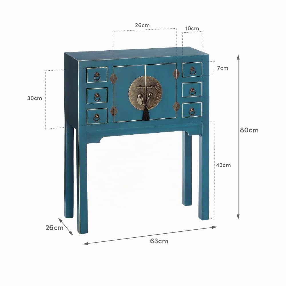 Consola de 6 cajones y 2 puertas oriental azul de madera para entrada