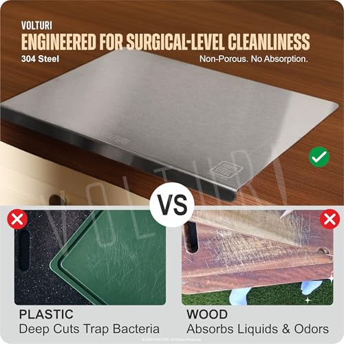 Image of VOLTURI 304 Stainless Steel Chopping Board (42 x 32.5 cm), Upgraded to Surgical-Level Hygiene, Food-Grade, Non-Porous, Rustproof, Heat Resistant Heavy-Duty Cutting Board Built for Daily Indian Cooking
