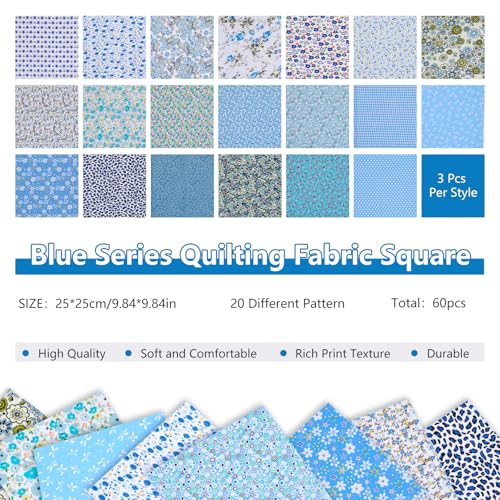 Image of 60 Pcs Fabric Squares, Blue Floral Cotton Quilting Fabric for Sewing