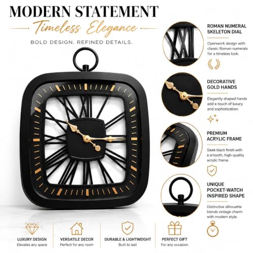 Image of ARMONIA Vintage Roman Numeral Wall Clock 56 cm | Premium Acrylic Skeleton Dial with Decorative Gold Hands, Silent Quartz, Modern Home & Office Decor (Include Microfiber Cloth)