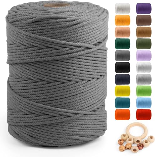 Image of ZUEXT Macrame Cord, Light Grey, 5mm x 328yds Cotton String Macrame Yarn