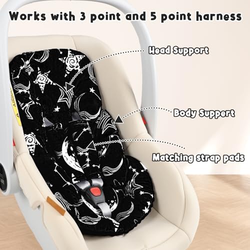 Image of GFU Infant Car Seat Insert Head and Body Support, Reversible Newborn Insert for Carseat with Strap Pads, Soft Stroller Cushion Pillow Insert for Boys and Girls, Fits for Stroller, Swing, Black Star