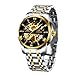 Price comparison product image Mens Watch Black Mechanical Stainless Steel Skeleton Waterproof Automatic Self-Winding Roman Numerals Diamond Dial Wrist Watch, 03-Gold Black, Mechanical,Self-winding,Automatic Watch
