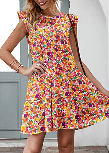 Image of KIRUNDO Summer Dresses for Women Sundress Sleeveless Ruffle Sleeve Round Neck Loose Short Flowy Pleated Mini Babydoll Dress