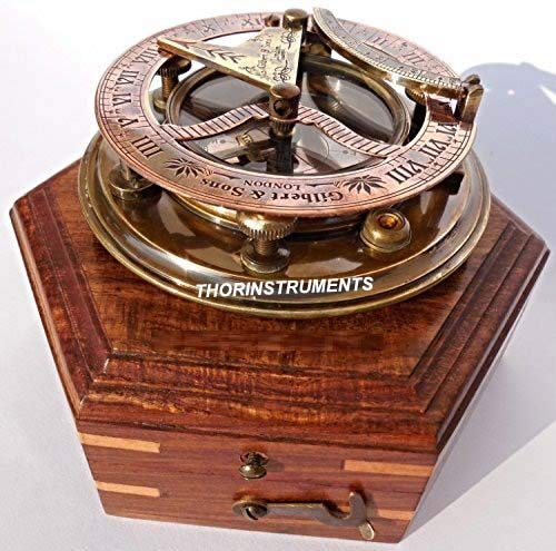 Brújula solar de latón macizo con caja de madera miniatura 4