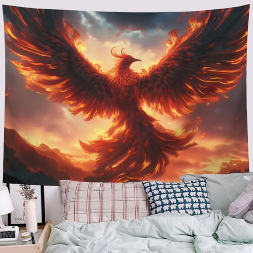 Tapiz de pared de fantasía oriental con diseño estético de fénix carmesí