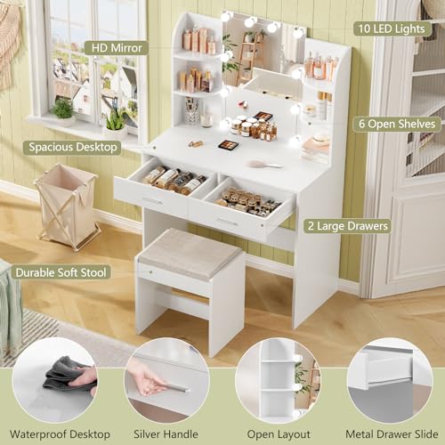usikey Vanity Desk with Mirror & Lights, Makeup Vanity Table with 2 Large Drawers, 6 Storage Shelves & Stool, Bedroom Dressing Vanity Table with 3 Color Light Adjustable, White