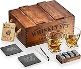 Mixology Whiskey Stones Gift Set for Men, Whiskey Glass Set with Rustic Wooden Crate, 8 Granite Whiskey Rocks Chilling Stones, 10oz Whiskey Glasses, Whiskey Gift For Men, Dad, Husband, Boyfriend