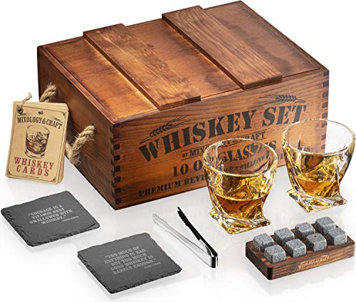 Mixology Whiskey Stones Gift Set for Men, Whiskey Glass Set with Rustic Wooden Crate, 8 Granite Whiskey Rocks Chilling Stones, 10oz Whiskey Glasses, Whiskey Gift For Men, Dad, Husband, Boyfriend