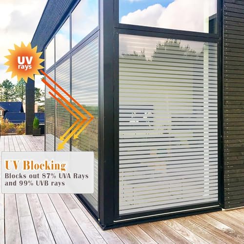 Image of CREON Frosted Window Film Privacy Sticker (12 x 100 Inch) Non Adhesive Vinyl Removable Static Cling UV Protection Striped Pattern for Home Office