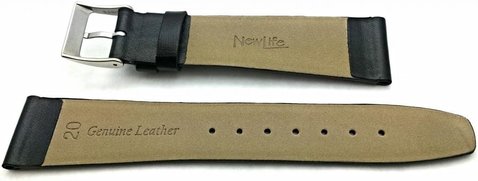 NewLife 20mm Black, Flat, Elegant Calfskin Leather Watchband | Smooth Genuine Leather Replacement Wrist Watchstrap that brings to Any Watch (Mens Standard Length)