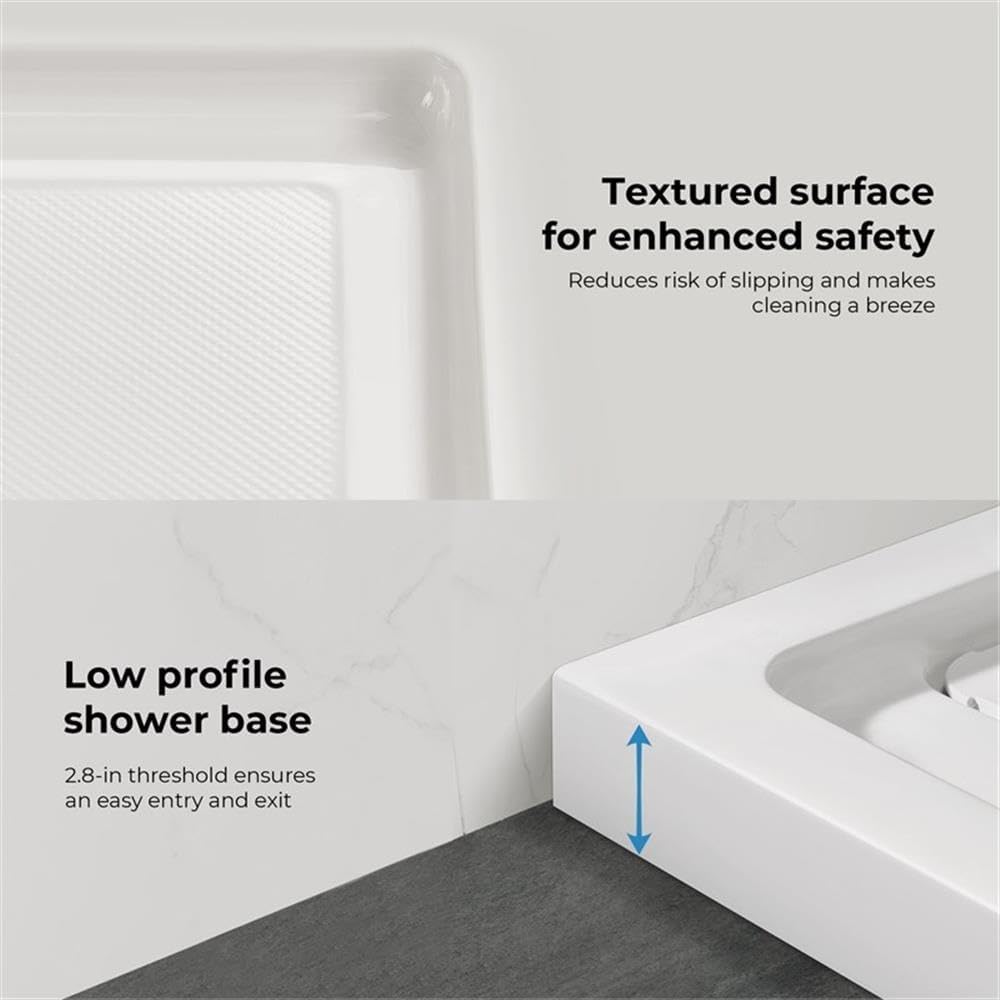 Pemberly Row Reversible Shower Base, 72"W x 36"D, Rectangular Fiberglass Resin Construction, Hidden Side Drain, Textured Slip-Resistant Surface, Single Threshold Design for Bathroom or Corner Showers