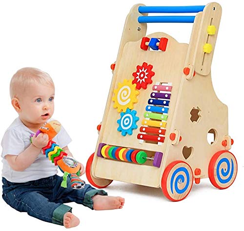 Carrito multifunción para andador de bebé, andador interactivo de madera 3 en 1, velocidad ajustable, juguete de educación temprana para bebés, antivuelco para bebés de 6 a 18 meses, juguete educati