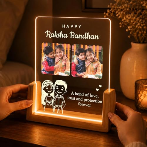 Image of Giftplease Personalized Raksha Bandhan LED Acrylic Photo Frame with Rakhi, Roli Chawal, Greeting Card, Wooden USB Night Lamp, Brother Sister Festival Keepsake, Memory Decor, Home Table Display