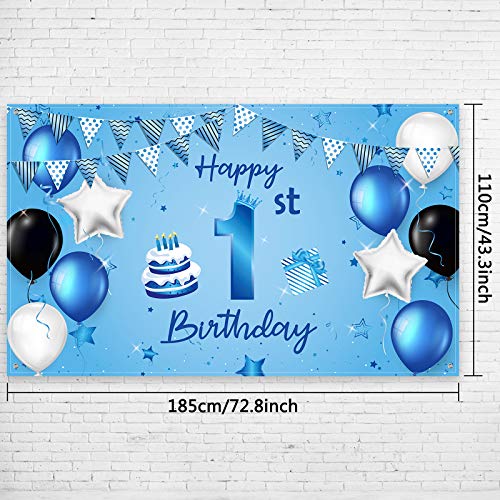 Happy 1St Birthday Backdrop Banner Blue Newborn Boys First Birthday Backdrop Photography Background For 1St Birthday Baby Shower Party Decorations Supplies 72.8 X 43.3 Inch #TOP1