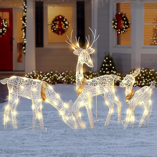 Decoração de Natal LED com rena iluminada para exteriores, 3 unidades, iluminação natalícia exterior, rena de metal branca quente, decoração de Natal, rena para exteriores, para o Natal, jardim,