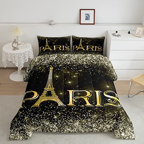 Erosebridal 2 Pcs Eiffel Tower Comforter Set,City Building of Paris Quilted Comforter Twin Size,Gold Yellow Ombre Glitter Bedding Set with 1 Pillow Case