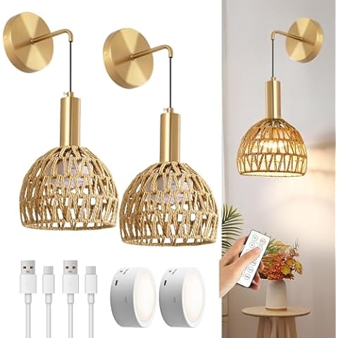 Zlierop Boho Battery Operated Wall Sconce, Wireless Sconces Set of 2 with Remote, Rattan Upgrade Rechargeable Wall Sconces Set of Two for Bedroom, Living Room, Entryway, 3 Colors Dimmable (Gold) Cover