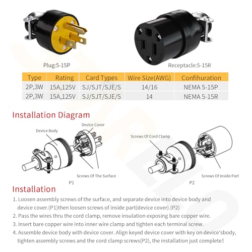 image for STARELO Electrical Replacement Plug & Connector Set Extension Cord End