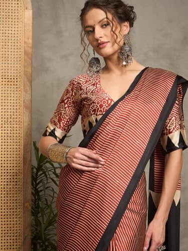 Image of AKHILAM Women's Pure Crepe Striped Printed Saree With Unstitched Blouse Piece