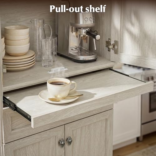 Image of 72.2 inch Tall Kitchen Pantry Cabinet with Doors, Farmhouse Storage Cabinet with Charging Station & LED Light, Drawer, Adjustable Shelves and Pull-Out Shelves, White Wood Pantry Cupboard for Dining Room