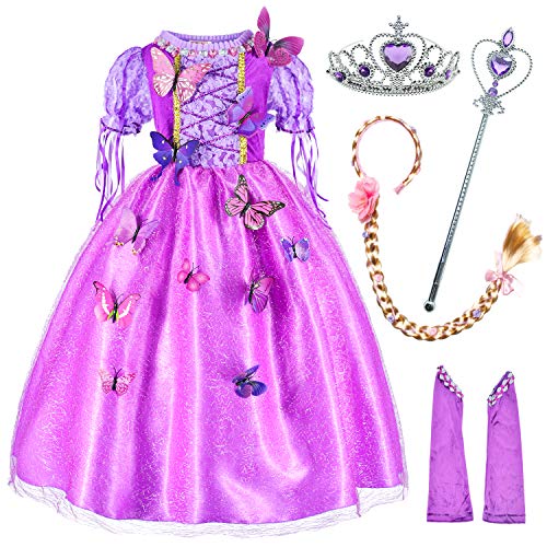 Princess Costume for Girls Party Dress Up with Long Braid and Tiaras Set Age of 4-5 Years(110cm) Purple