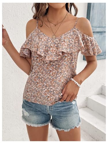 SweatyRocks Women's Ruffle Cold Shoulder Tops Floral Print Short Sleeve Summer Boho Blouses4