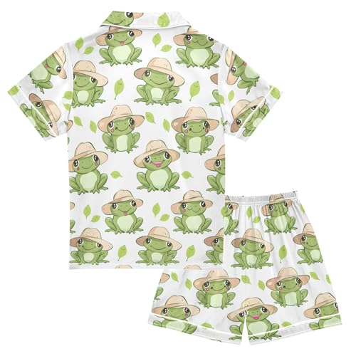 ALAZA Cute Frog on White Satin Pajamas Set Short Sleeve Button Down Sleepwear Summer Pjs 2 Piece2