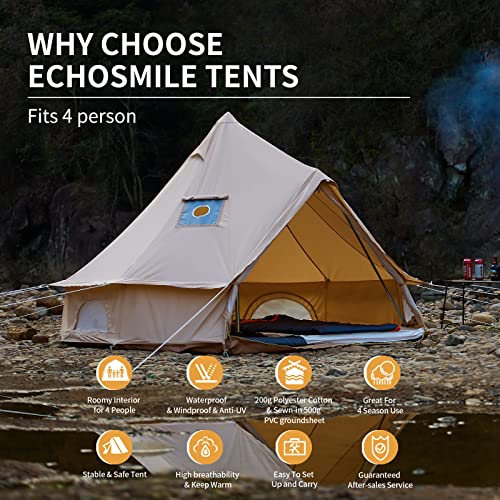 Echosmile Cotton Canvas Bell Tent, 4 Person Luxury Outdoor Camping Tent, Glamping Yurt Tent With Stove Jack Opening, Portable Waterproof & Windproof Tent, Easy Setup Family Tent For 4 Season #TOP1