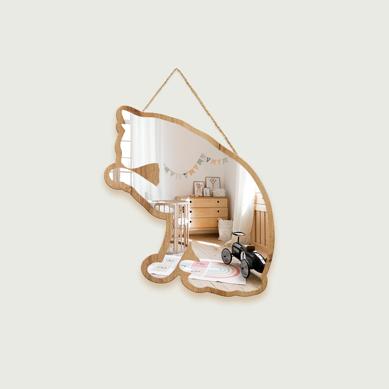 Cute Cat Kitty Patterned Silver Natural Wood Framed Acrylic to Hanging Wall Mirror Decorative Stickers Baby Kids Teen Room Nursery Bathroom Bedroom Livingroom Decoration