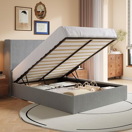 Image of SHA CERLIN Full Lift Up Storage Bed Frame, Upholstered Corduroy, Grey