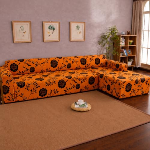 Image of Gifts Island Premium 160GSM Super Soft Gold Black Floral Stretchable Sofa Cover L Shape 7 Seater Fully Covered | Suitable for Both Left and Right Side Chaise Sofa (Gold Black Floral, 4+3 Seater)