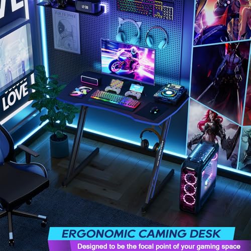 Image of BestOffice Gaming Desk 35 in PC Computer Desk Z Shaped Gaming Workstation Ergonomic Gaming Table with Headphone Hook for Home Office,Black&Blue