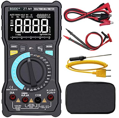 BSIDE EBTN LCD Digital Multimeter 3-Line Display Large Screen True RMS 8000 Counts Auto-Ranging DMM VFC Temperature Capacitance Volt Amp Ohm Hz Battery Tester with Analog Bar & Alligator Clip