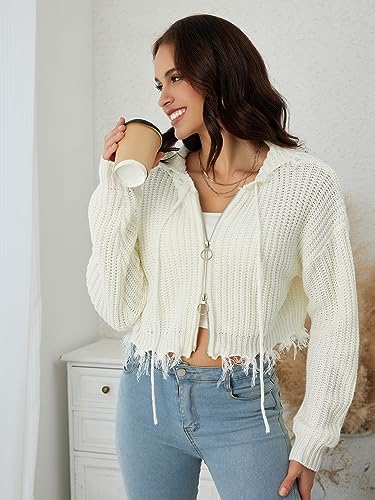 Image of WDIRARA Women's Rib Knitted Zip Up Cardigan Sweater Ripped Hem Drop Shoulder Long Sleeve Zipper Tops White S
