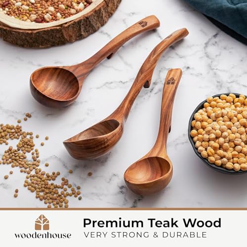 Image of Wooden Ladle for Soup, 3 Size Teak Wood Ladle Spoon with Back Hooks