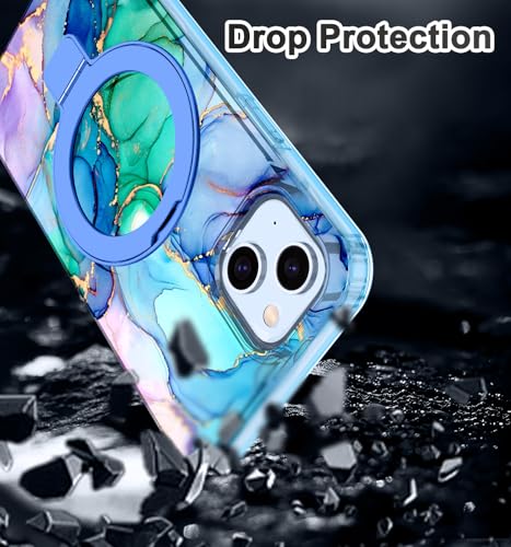 Lamcase for iPhone 13 Case,iPhone 14 Case with Magnetic Invisible Ring Stand [Compatible with MagSafe], Full Body Rugged Slim Women Men Girl Shockproof Marble Pattern Design Case, Cyan Blue - image 8