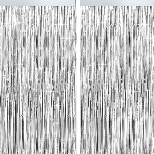 Image of 4 Packs Silver Foil Fringe Curtain, Silver Metallic Tinsel Backdrop for Birthday, Wedding, Baby Shower, Engagement, Bachelorette Party, Christmas Holiday Celebration Party Decorations Supplies
