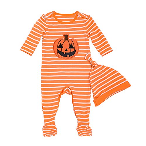 Ding-dong Baby Boy Girl Cotton Long Sleeve Striped Pumpkin Footie(with hat,0-3M)
