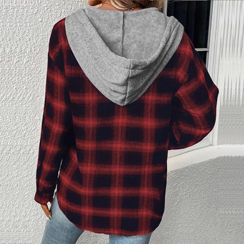 Women's Hooded Plaid Shacket 2025 Fashion Button Down Jackets Baggy Casual Long Sleeve Fall Outwear Flannel Shirts4