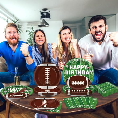 Image of 100 Pcs Football Party Supplies Set Football Birthday Plates and Napkins Sports Party Tableware Packs Decorations Sports Disposable Paper Plates Napkins Forks Serve 25