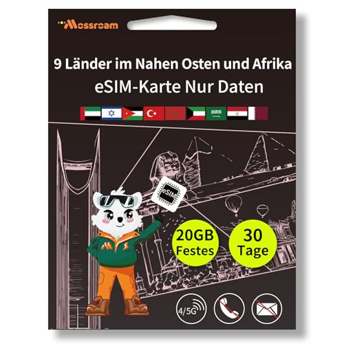 eSIM-Karte für 9 Länder im Nahen Osten und Afrika – Prepaid-Datentarife | 20 GB Festnetz, 30 Tage | Keine physische SIM-Karte erforderlich | Sofortige Aktivierung