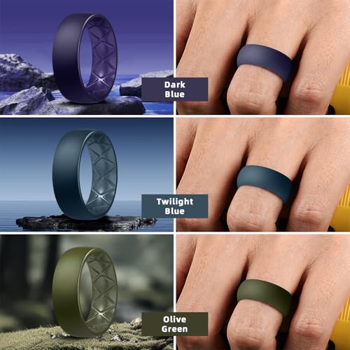 Egnaro Men's Silicone Rings 8mm Wide 2.5mm Thick, Multipack Ergonomic Rubber Wedding Bands For Him, Breathable Grooves For Workout4