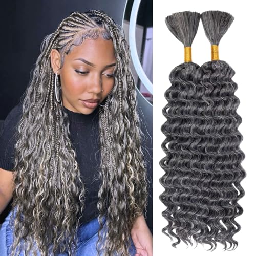 Deep Braiding Hair for Black Women Deep Wave Bulk Hair for Braiding 20inch 150g for Deep Wave Braiding Hair Extensions Synthetic Micro Braiding Hair for Boho Braids No Weft (1B/grey 2Pack)