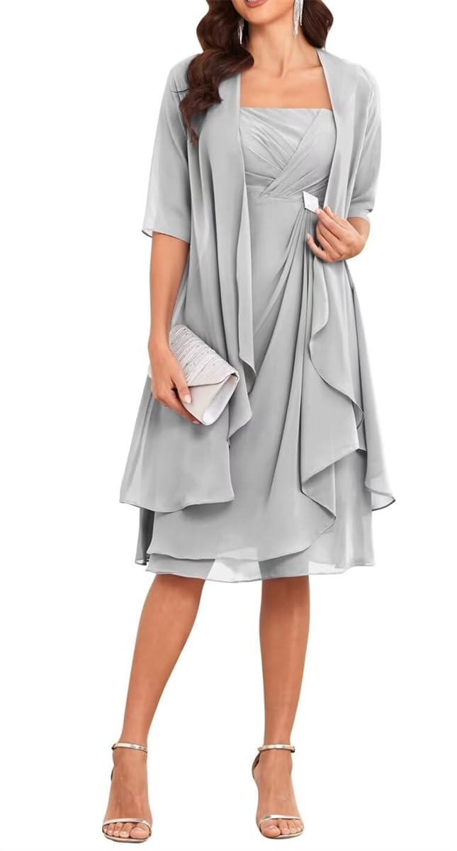 Yiann Silver Classy 2 Pieces Mother Of The Bride Dresses For Wedding Tea Length Chiffon Mother Groom Dresses With Sleeves Jacket Uk14