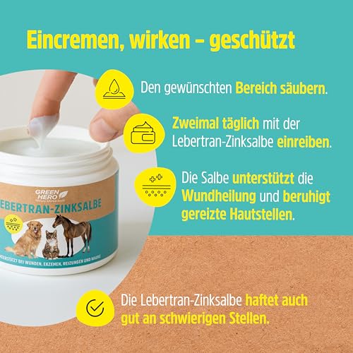 GreenHero Lebertran-Zinksalbe, 500g, bei Hautproblemen von Haustieren, unterstützend bei Wunden, Reizungen, Juckreiz, Mauke und Anderen Hautproblemen, für Pferd, Hund, Katze und Co