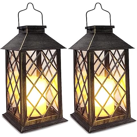 SHYMERY Solar Lantern,Outdoor Garden Hanging Lanterns,2 Pack 14 Inch Lasts 3X Longer 10 lumens Waterproof LED Flickering Flameless Candle Mission Lights for Table,Outdoor,Party Decorative Cover